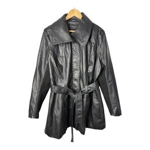 Therapy Black Faux Leather‎ Belted Trench Coat Jacket Collar Women Size 14/16